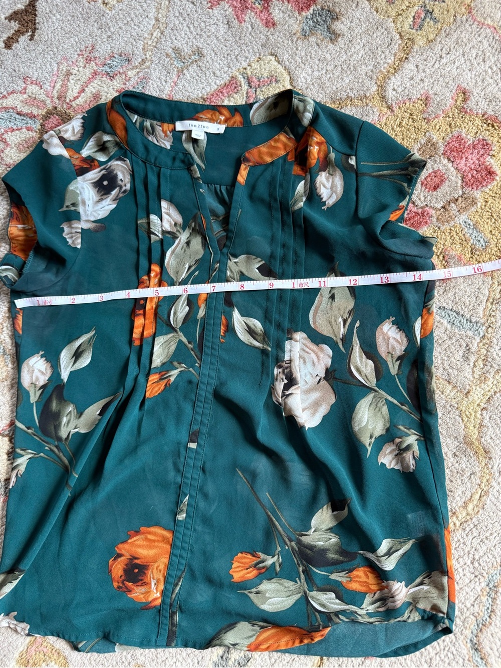 fun 2 fun Teal Floral Cap-Sleeve Blouse - Picture 3 of 4